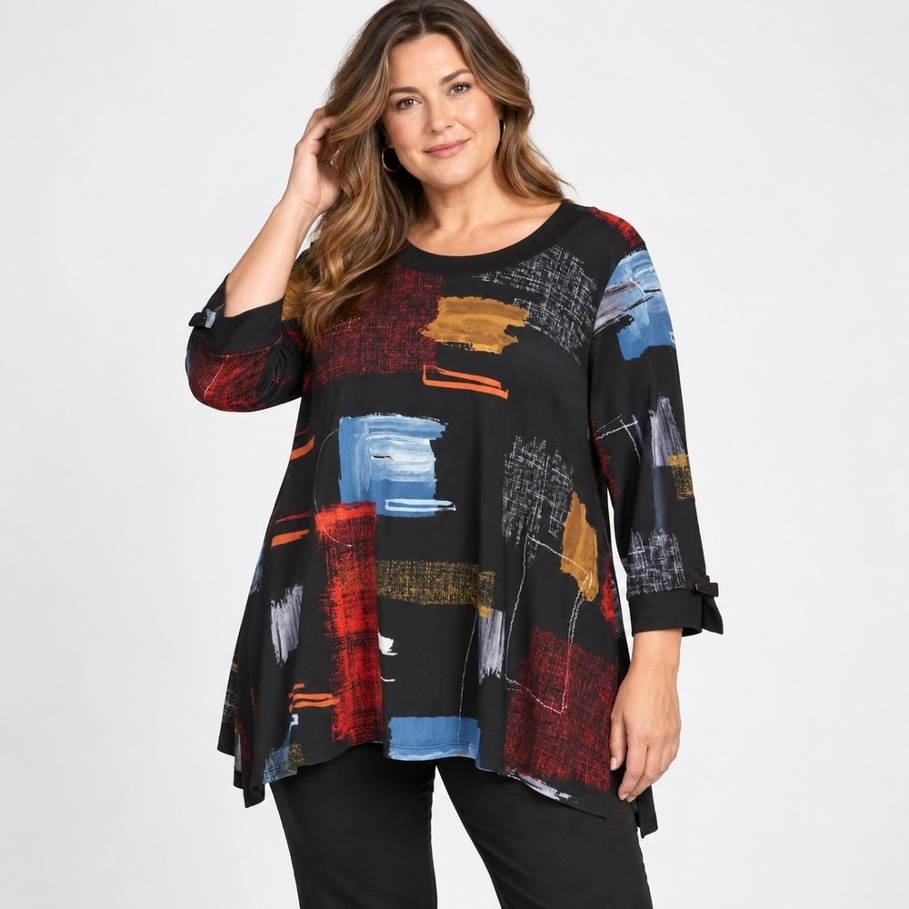 Jess & Jane Tunic Top Womens 1X Abstract Art Print Black Stretch Made in USA